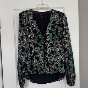 White House Black Market Floral Blouse in Black and Green
